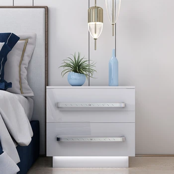 Design Modern de Lumină LED cu 2 Sertare Noptieră Raft de Depozitare cu Maner, Dormitor, Mobilier Camera de zi