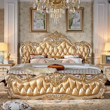 Stil European pat dublu din piele șampanie aur nunta de lux pat de 2 metri dormitorul regelui francez pat