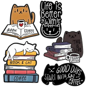 Viața Este mai Bine cu Cat Brosa Zile Bune Începe cu Cat Cafea Brosa Carte și Pisica Brosa Rucsac Brosa Insigna Email de Pin Rever